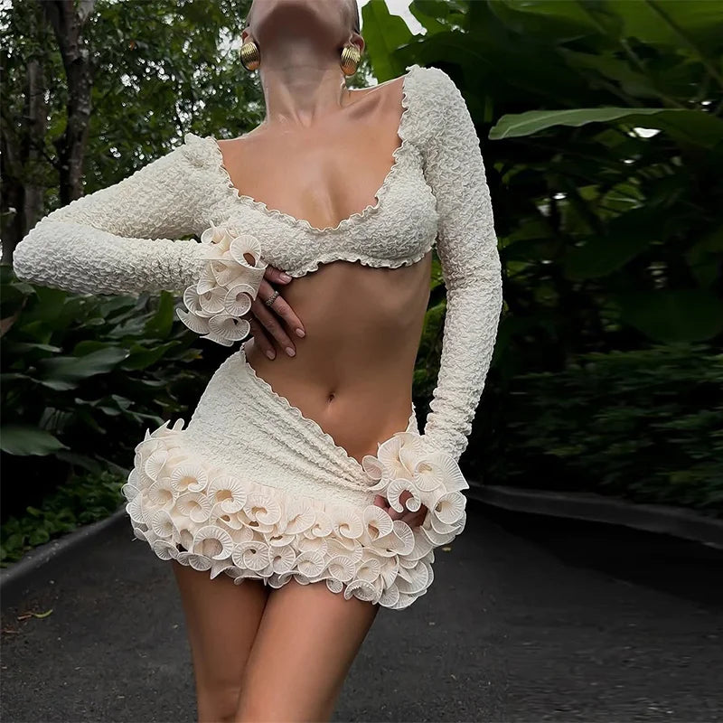Women’s Beach Long Sleeve Sexy 3D Flower Crop Top & Skirt Set
