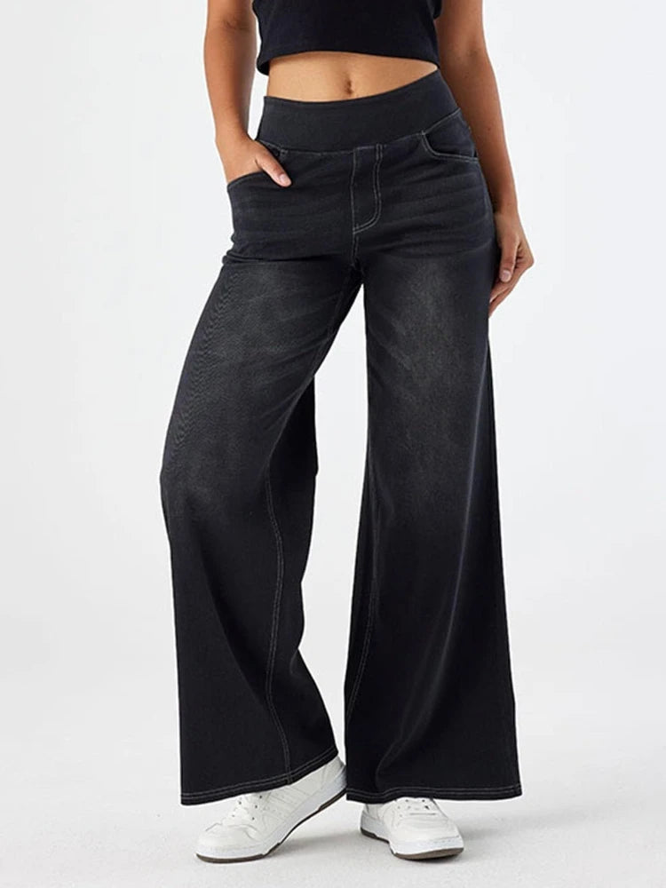 Women’s Wide-Leg Denim Jeans – Elastic Waist Long Straight Trousers