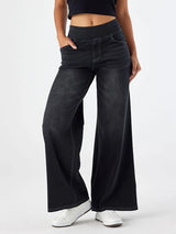 Women’s Wide-Leg Denim Jeans – Elastic Waist Long Straight Trousers