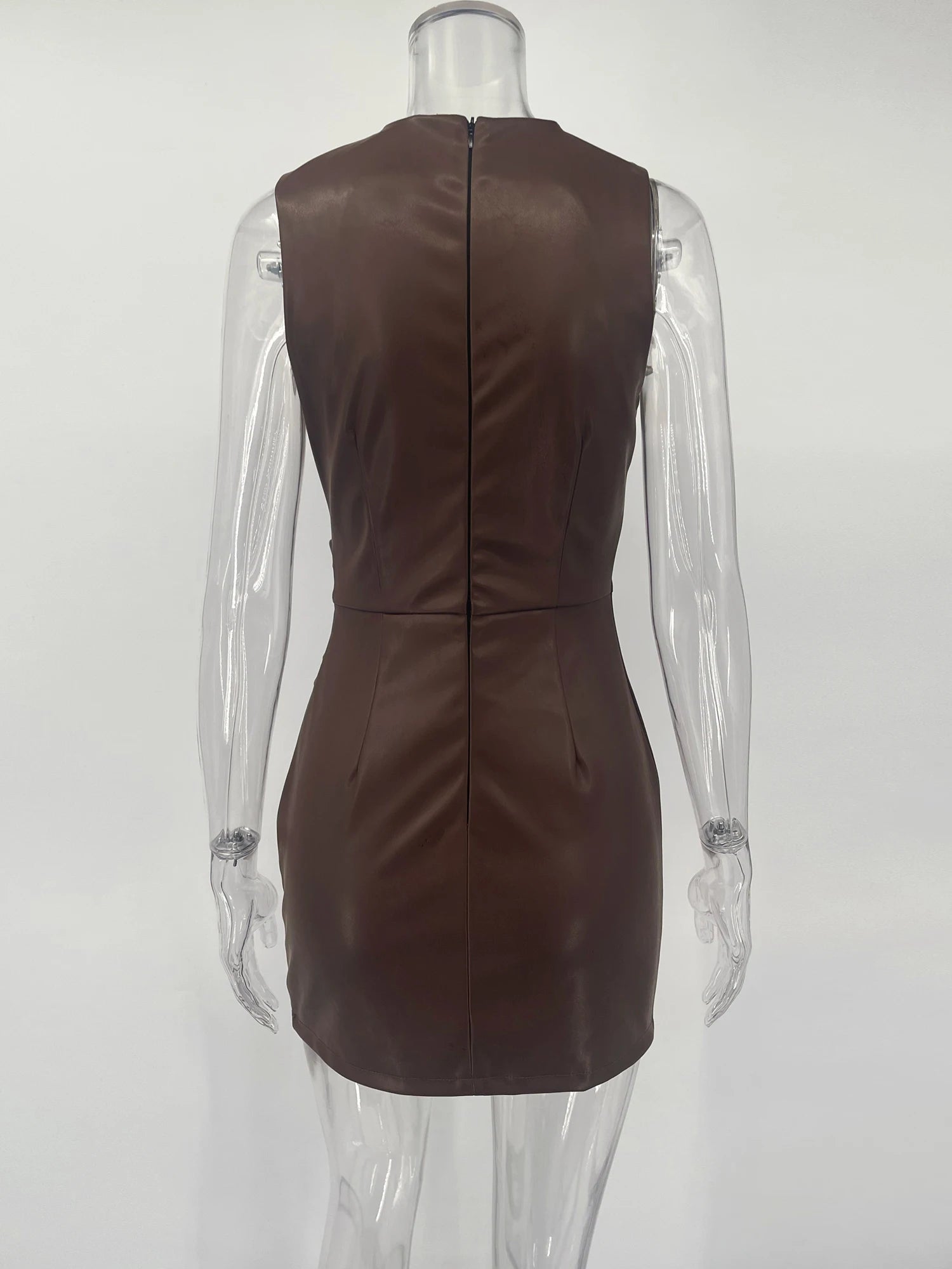 Damen enges Minikleid aus Kunstleder – Modisches kurzes Retro-Kleid mit Rundhalsausschnitt
