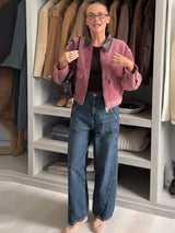 Damen Pinke Cordjacke mit Reißverschluss und langen Ärmeln