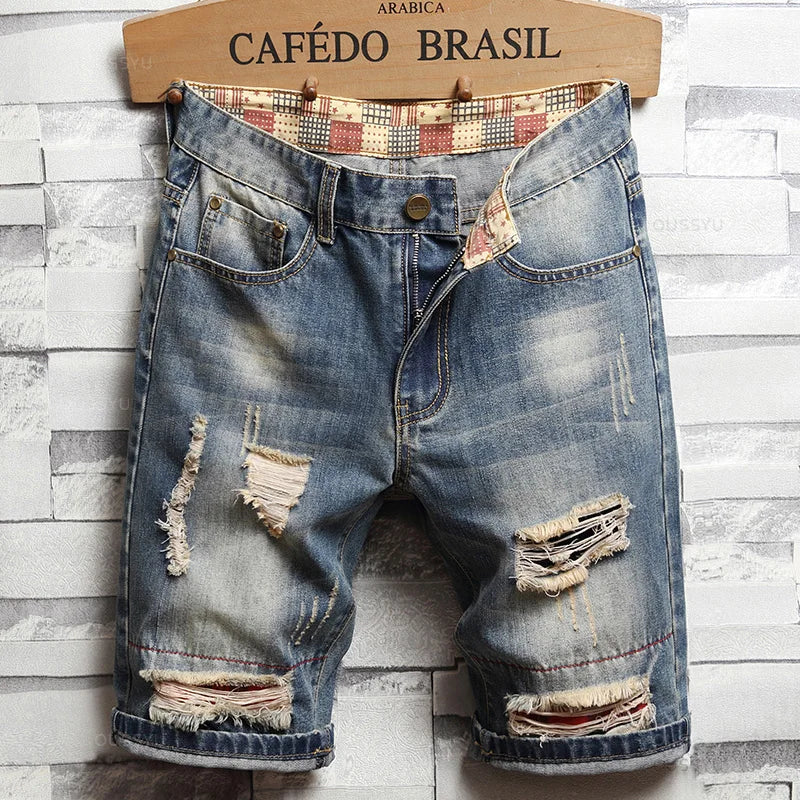 Men’s Ripped Hole Denim Shorts – Summer Thin Cotton Short Jeans