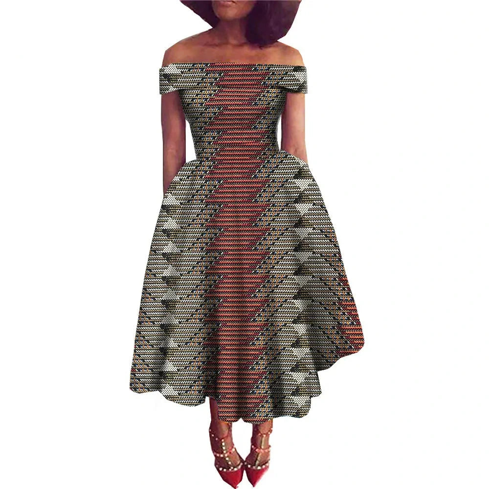 Afrikanisches Ankara-Print Carmen-Kleid | Traditionelle trägerlose afrikanische Kleidung