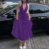 Women’s Sexy Backless Deep V-Neck Maxi Dress – Spliced Halter Sleeveless Dress