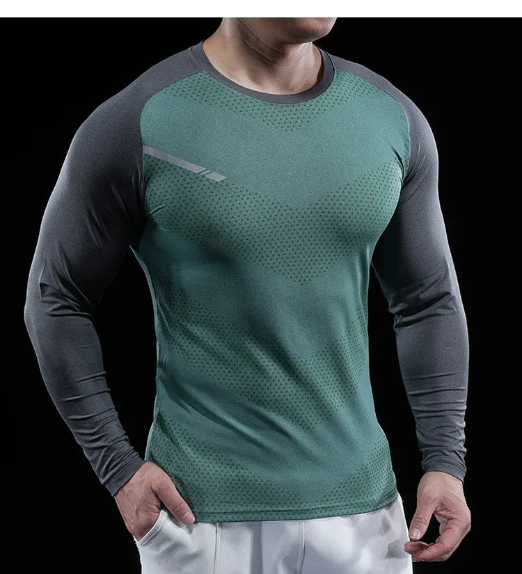 Men’s Gym Fitness Display Long Sleeve T-Shirt | Elastic Moisture Wicking Tights