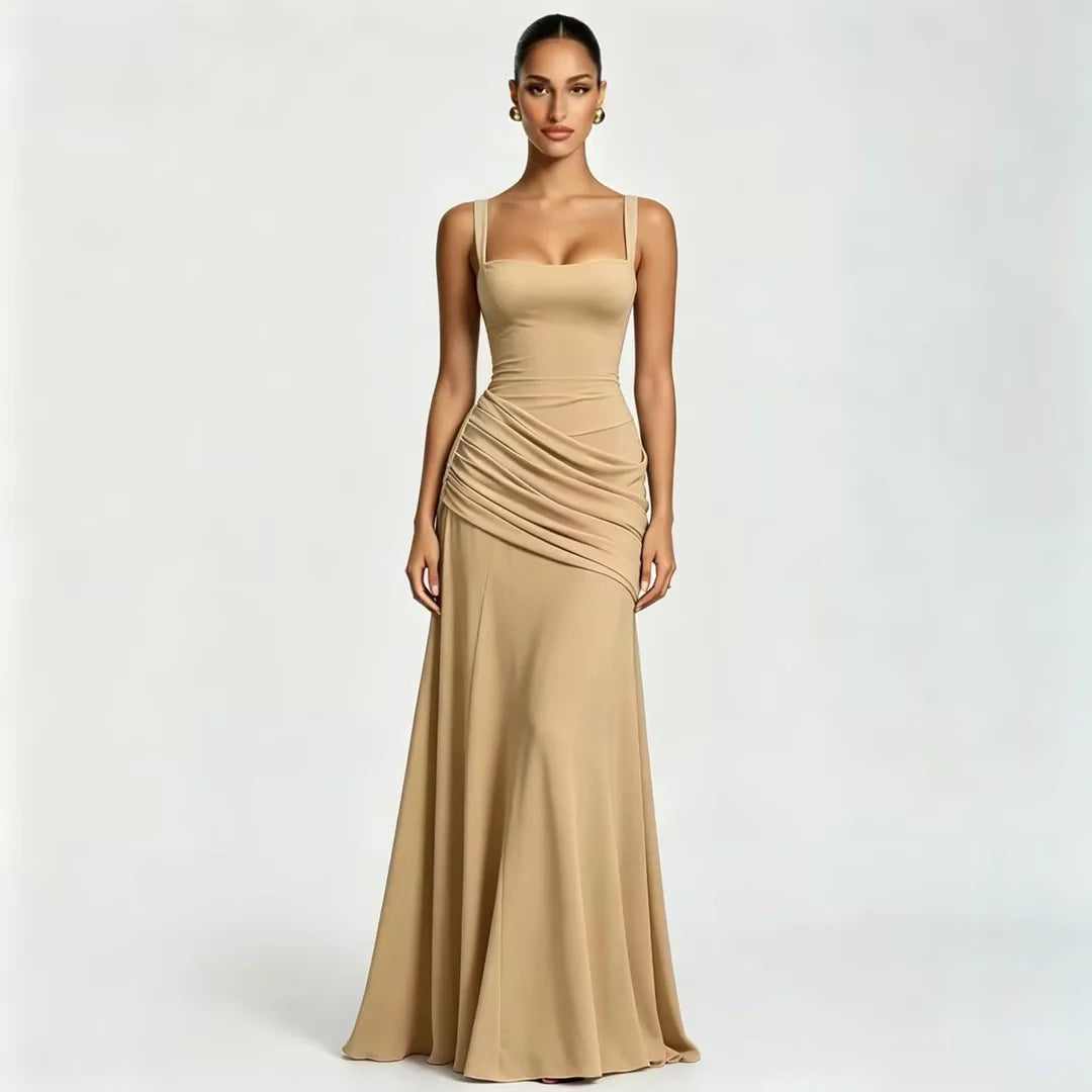 Women’s Solid Square Neck Pleated Sling Dress