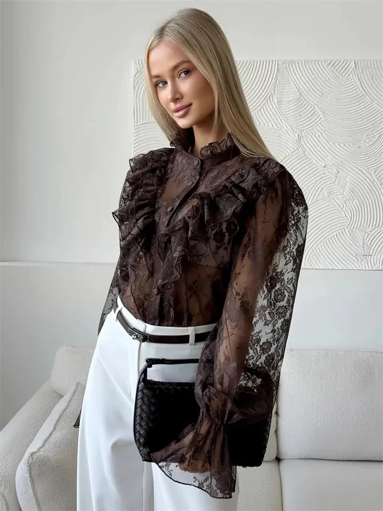 Bedrucktes Rüschenhemd aus Spitze für Damen – Durchsichtiges Patchwork-Langarm-Top