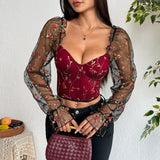 Women’s Sexy Mesh Long Sleeve Corset | Flower Embroidered Fishbone Bustier