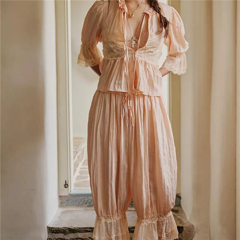 Women’s Y2K Lace Trim 2-Piece Pajama Set – Bow Tie-Front Short Sleeve Shirt & Ruffle Flared Lantern Pants