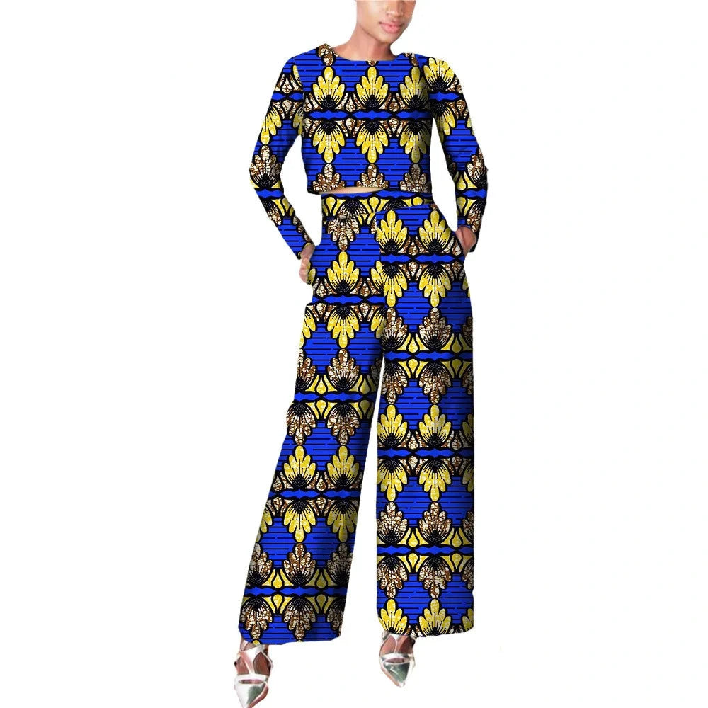Damen Set aus gewachstem Baumwoll-Crop-Top mit langen Ärmeln und Hose mit weitem Bein