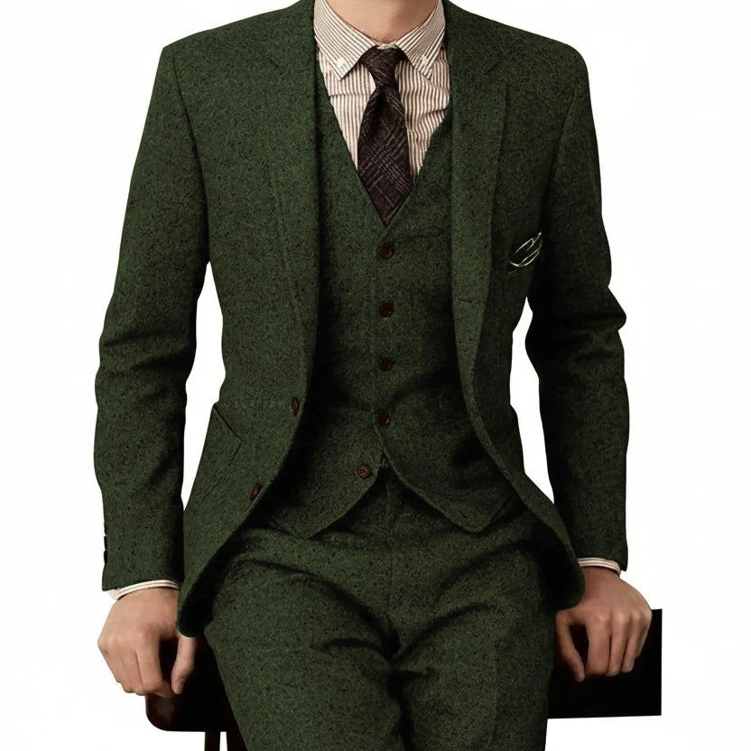 Herren 3-teiliger Tweed-Anzug – Slim Fit Business-Anzug, Gentleman Hochzeitsanzug Blazer, Weste & Hose