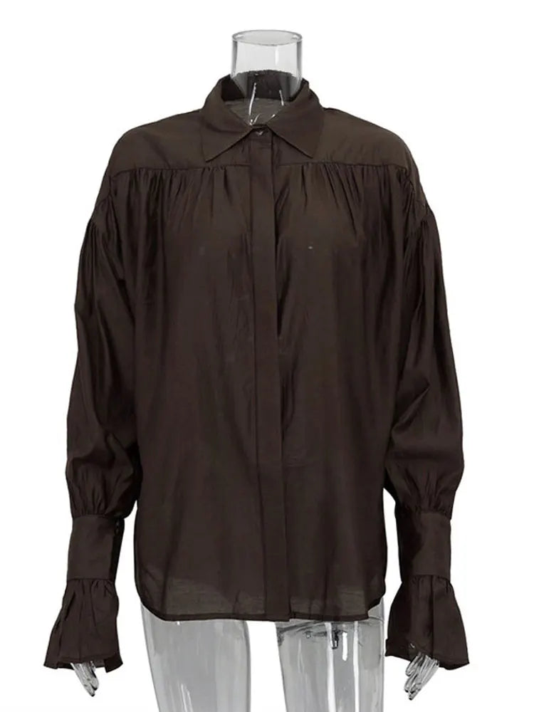 Casual Loose See-Through Shirt – Women’s Autumn Lapel Long Sleeve Blouse