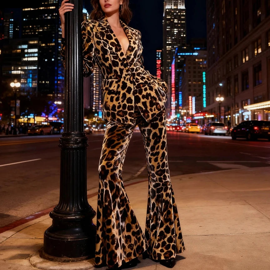 Women's Velvet Leopard Suit Set – 2-Piece Slim Fit Animal Print Tuxedo – Luxury One-Button Blazer & Flare Pants Set
