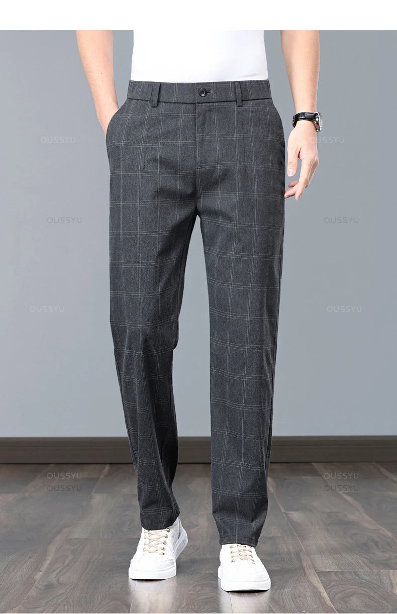 Klassische Herren-Arbeitshose mit Karomuster – Slim Fit Stretch-Businesshose