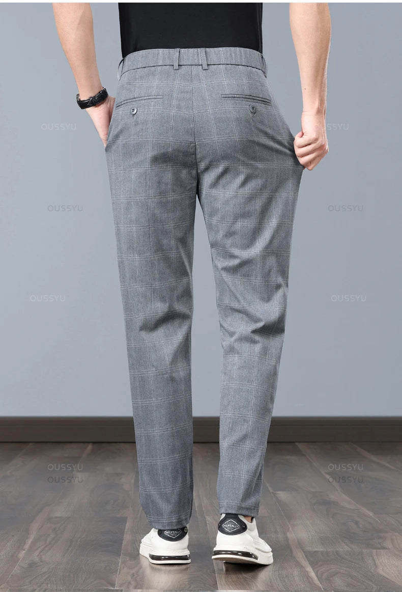 Klassische Herren-Arbeitshose mit Karomuster – Slim Fit Stretch-Businesshose