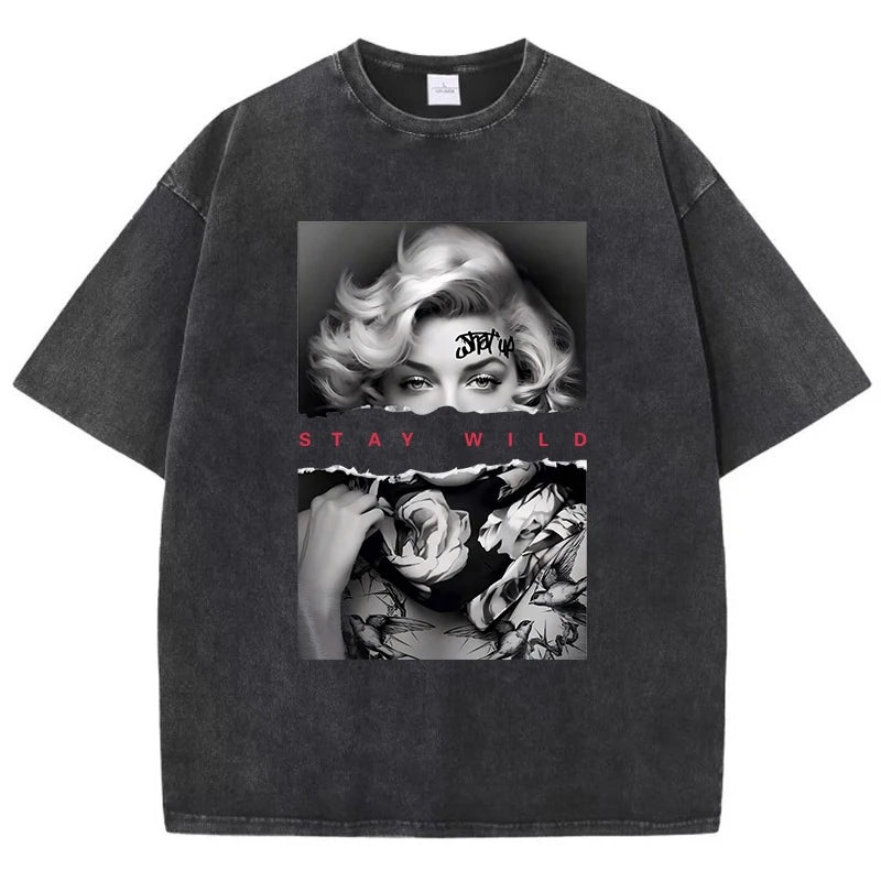 T-Shirt mit Porträt im europäischen Stil – Vintage-Baumwoll-T-Shirt für Damen mit Waschung
