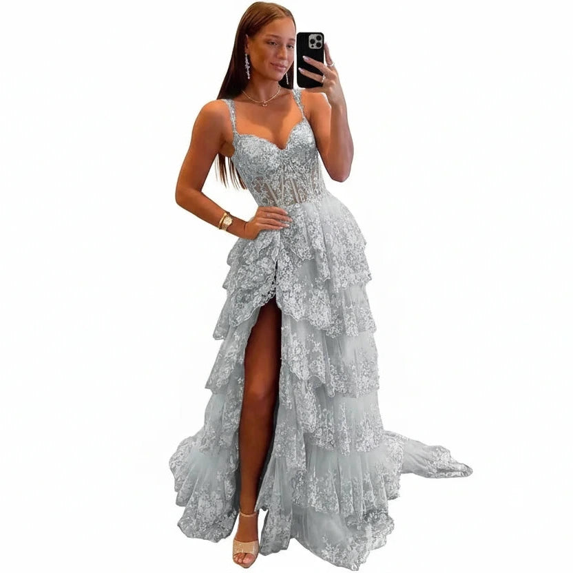 Glitzerndes, gestuftes Spitzen-Tüll-Ballkleid | Langes Korsettkleid mit Spaghettiträgern