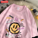 Cute Smiling Face Graffiti T-Shirt - Women's Fun Graphic Cotton Tee