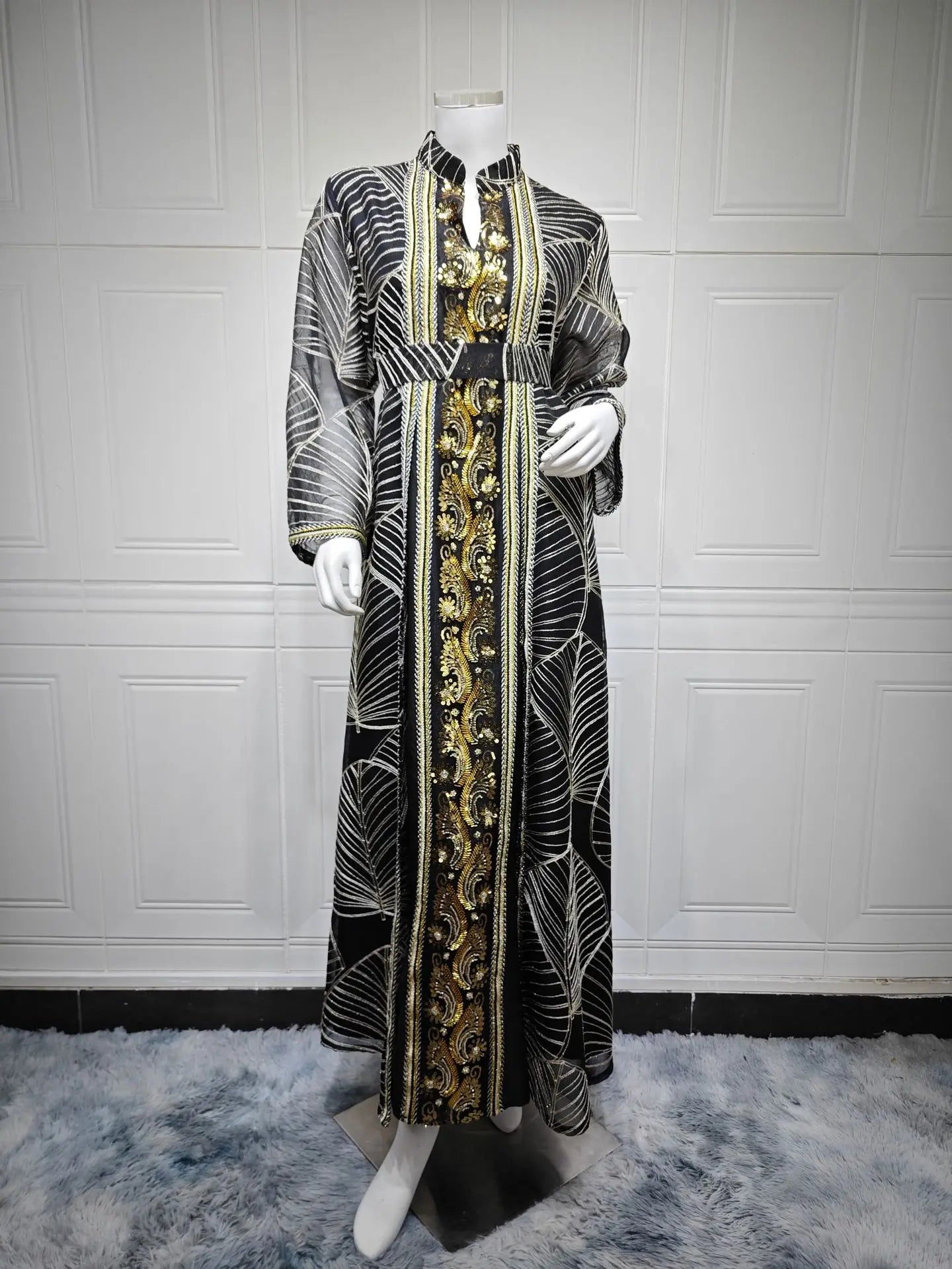 Women’s Mesh Sequin Abaya Dress | Elegant Embroidered Eid Party Gown