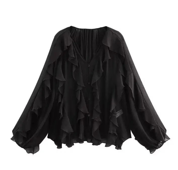 Women’s Elegant V-Neck Blouse – Single-Breasted Long Sleeve Shirt