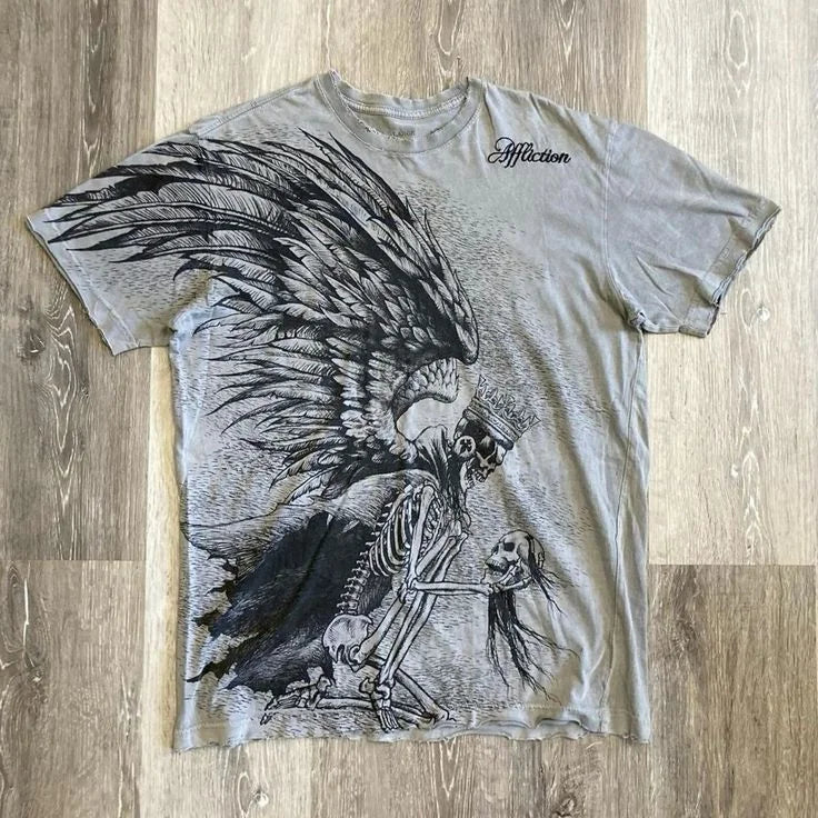 Herren Y2K Gothic Affliction T-Shirt – Baumwoll-T-Shirt mit dunklem Flügelprint