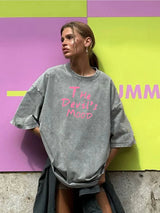 Damen Oversized Washed Cotton Top mit dunklem ästhetischem Letter Print