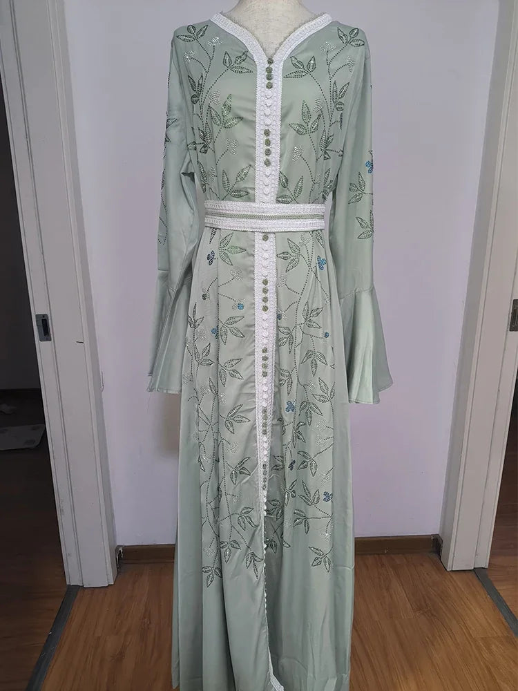 The "Emerald" Royal Abaya: Stunning Diamond-Accented Turkish Gown with Intricate Lace Belt
