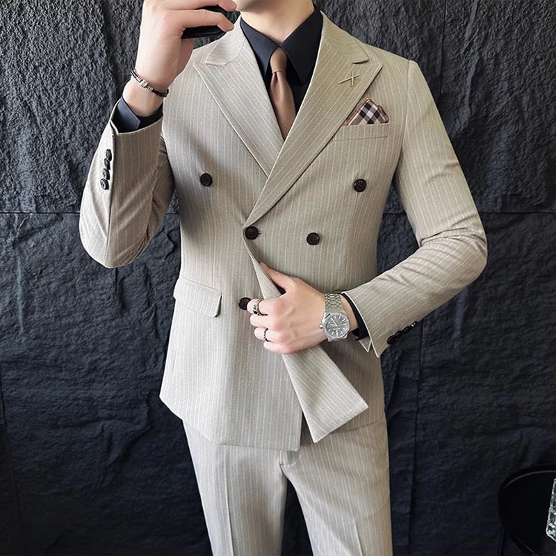 3-Piece Men’s Luxury Striped Suit – Single & Double Breasted Pinstripe Blazer, Vest & Pants Set