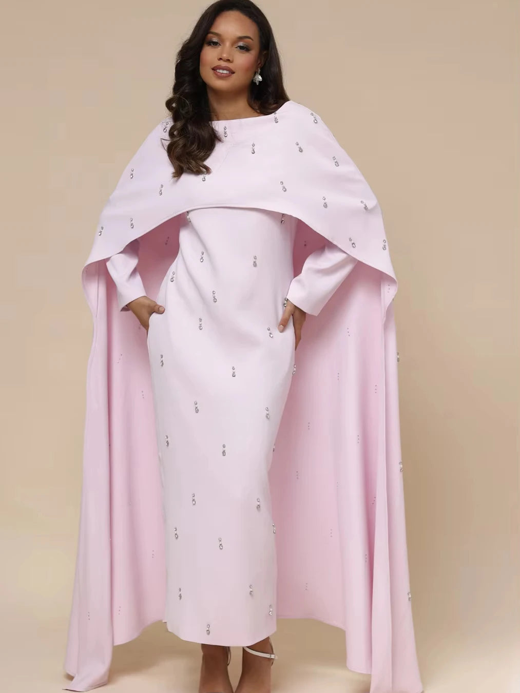 Women’s Cape Abaya Pearl Diamond Embellished – Luxury Caftan Shawl Modest Muslim Dress