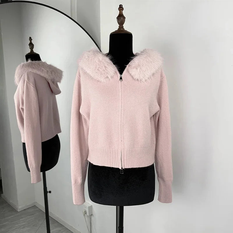 Women’s Winter Fluffy Hoodie Cardigan – Zipper Patchwork Knit Jacket