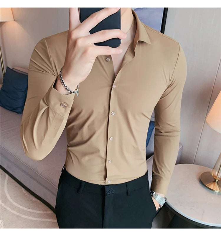 Men’s High Elasticity Seamless Shirt – Top Quality Long Sleeve Slim Fit Casual Shirt