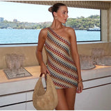 Women’s Irregular Printed Knitted Mini Dress – Chic Backless Slanted Shoulder Slim Fit Dress