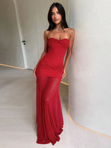 Damen-Neckholder-Maxikleid mit Raffungen – sexy ärmelloses Mesh-Splice-Maxikleid
