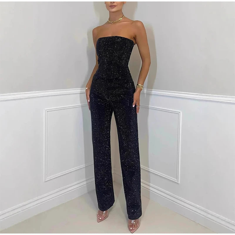 Damen sexy glänzendes Pailletten-Zweiteiler-Set – trägerloses Bandeau-Crop-Top & hochtaillierte Skinny-Hose
