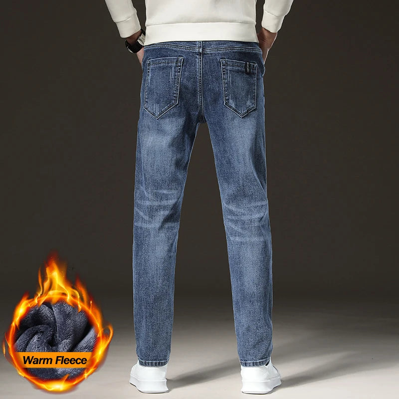 Warm Winter Fleece-Lined Jeans | Men's Slim Straight Light Blue Denim