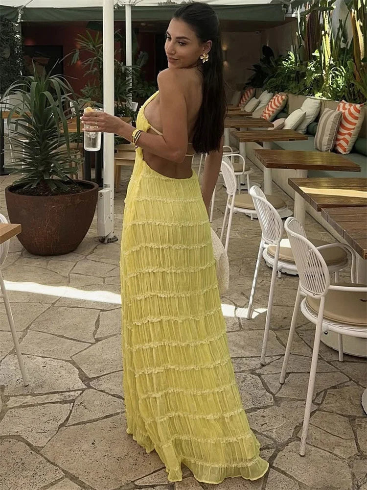 Damen-Maxikleid mit Schnürung am Rücken, rückenfrei, für den Urlaub, Strand, hohe Taille, einfarbig, elegant