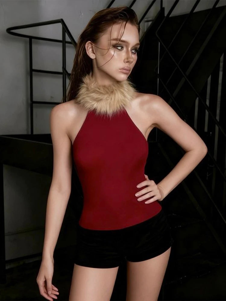 Sexy Kunstpelz-Kragenweste für Damen – Trendiges Musikfestival Crop Top