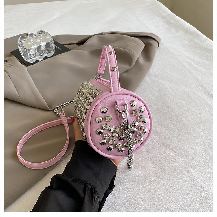 Luxuriöse Zylinder-Strass-Schultertasche | Handgefertigte Kristall-Kissen-Umhängetasche