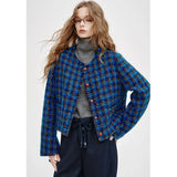 Navy Checked Short Jacket for Women: Vintage Y2K Style - New Winter Arrival