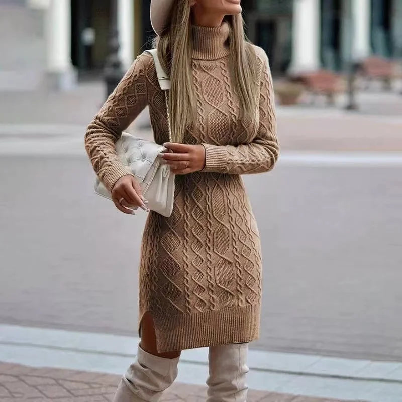 Damen Strickwickelrock-Kleid – Rollkragen, dick, warmes Pulloverkleid
