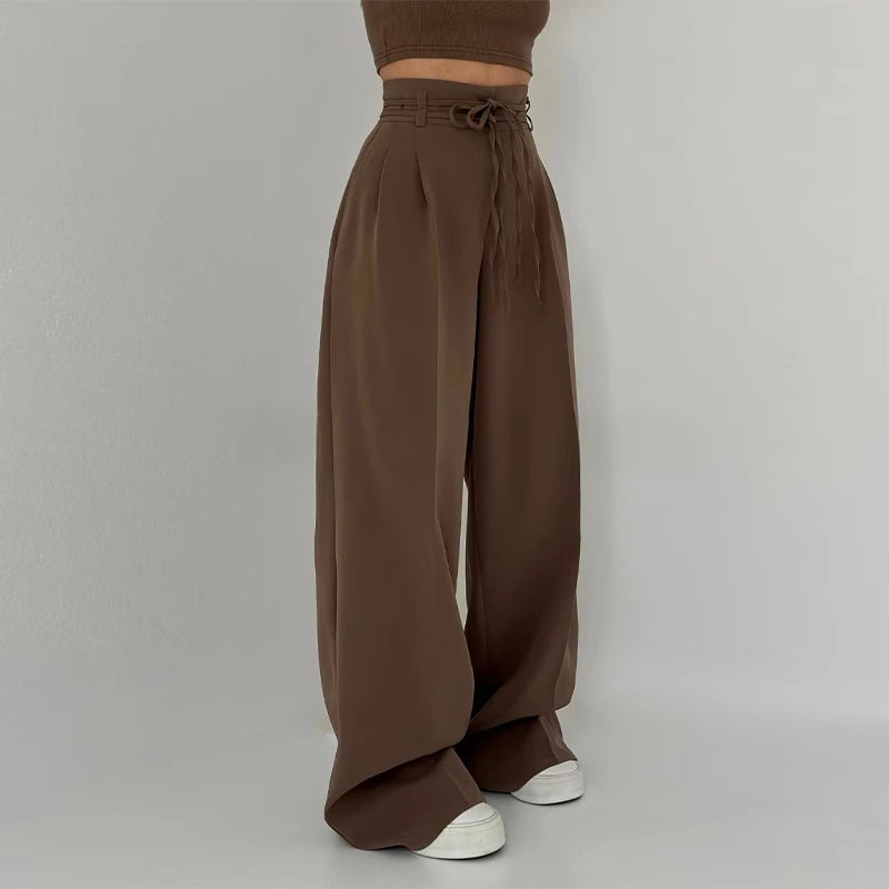 Women’s Y2K Wide Leg Long Pants – Elegant High Waist Double Drawstring Baggy Trouser