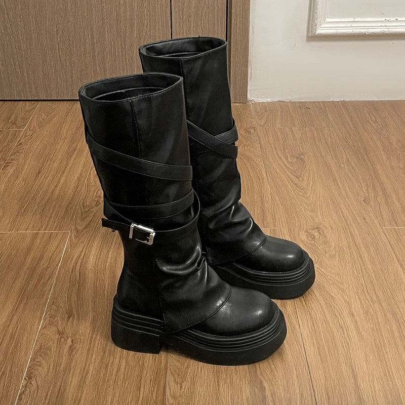 Damen Vintage Knight Langschaftstiefel – Kniehohe Stiefeletten mit Blockabsatz