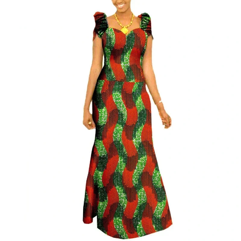 Afrikanisches langes Maxikleid für Damen |Kurzarm-Kleid aus Ankara-Stoff
