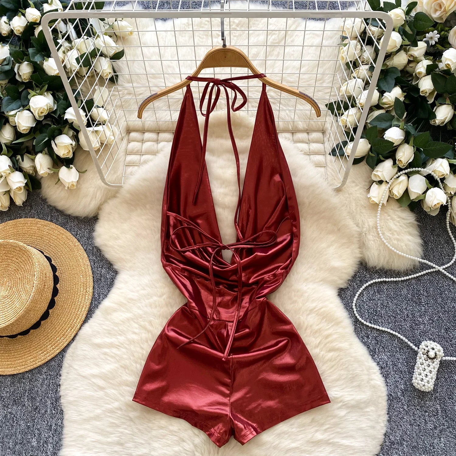 Chic Halter Swing Collar Jumpsuit Vintage High Waist Slim Romper for Spring/Summer