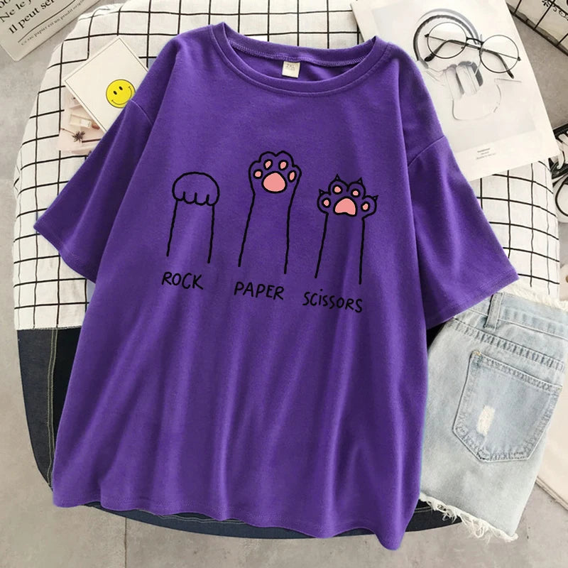 Schere-Stein-Papier Lustiges Katze Grafik-T-Shirt Weiches Casual Streetwear T-Shirt für Damen