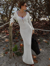 Damen Durchsichtiges V-Ausschnitt Strandkleid mit Cut-Outs, Sexy Rückenloses Strickkleid