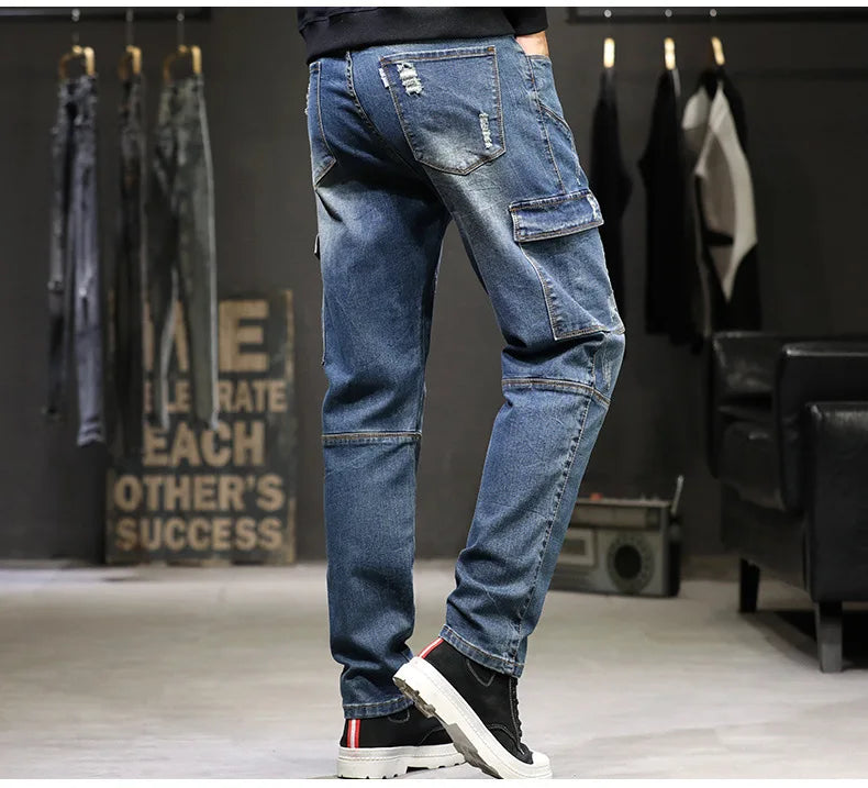 Herren Streetwear Baggy Cargo Jeans | Gerade Denimhose mit mehreren Taschen