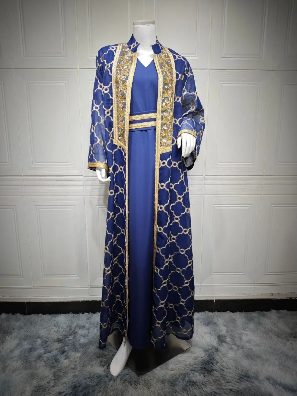 Muslimisches 2-teiliges Abaya-Set für Damen | Bestickte offene Strickjacke mit Innenkleid