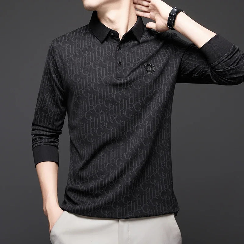 Herren Langarm-Poloshirt mit Abzeichen – Business Casual Uni-Oberteil