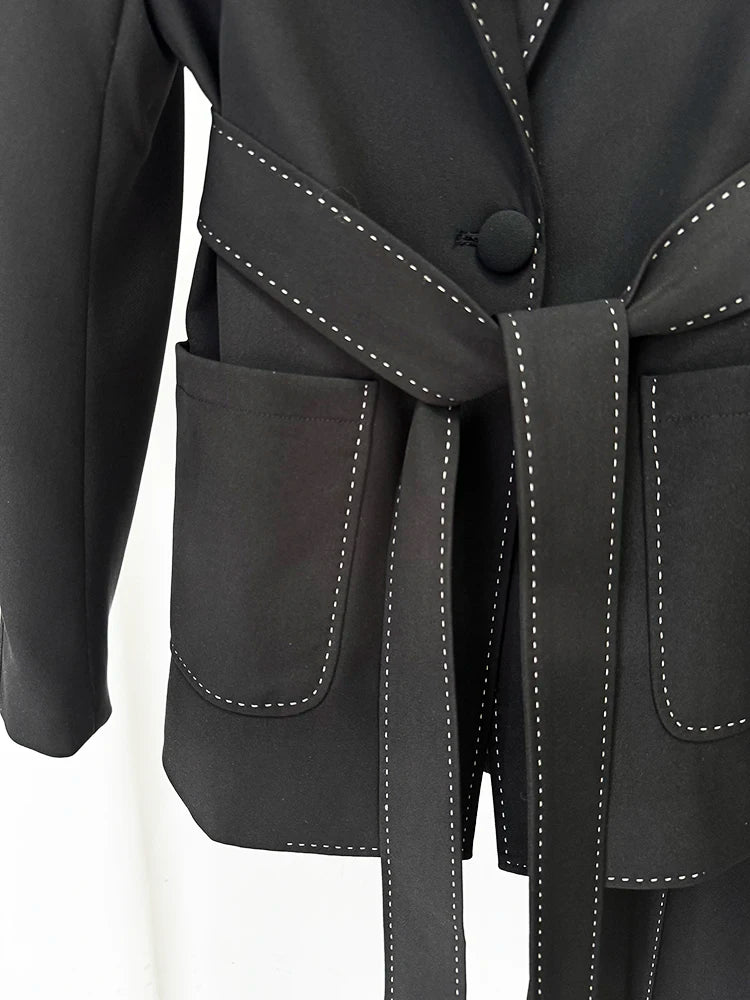 Designer Contrast Stitching Suit Set | Women’s Belted Blazer & Tailored Pants